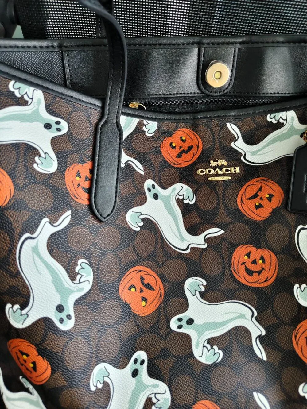 🎃Coach Brown Ghost & Pumpkin Print Tote with Black Trim